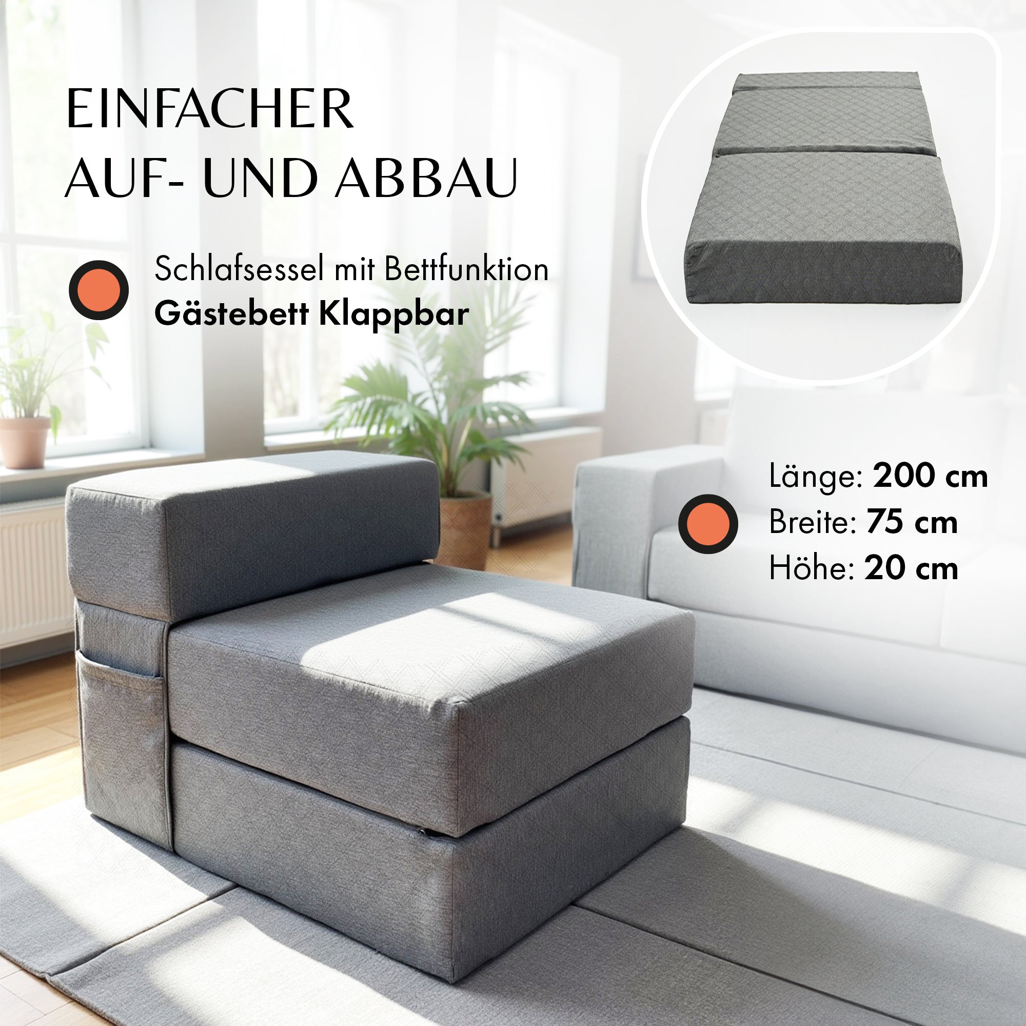 Klappmatratze 75 x 200 cm mit Lehne / Schlafsessel