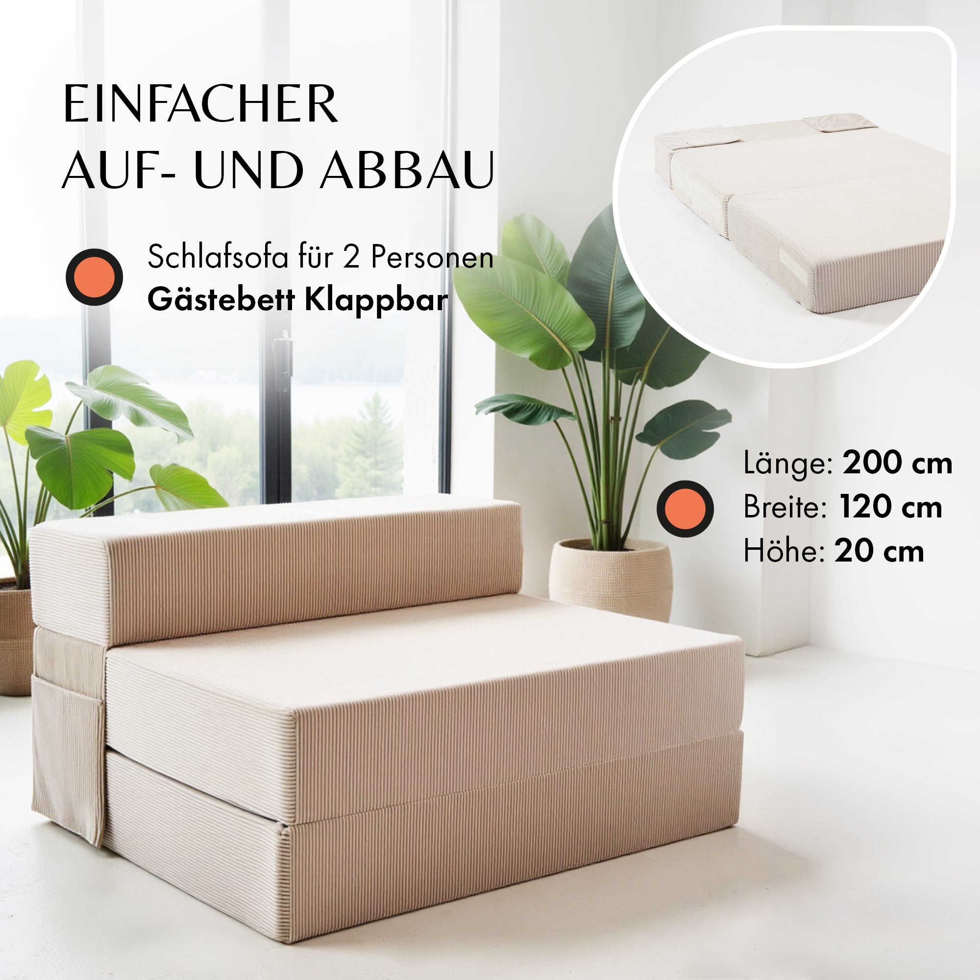 Klappmatratze Beige 120 x 200 cm mit Lehne / Schlafsofa