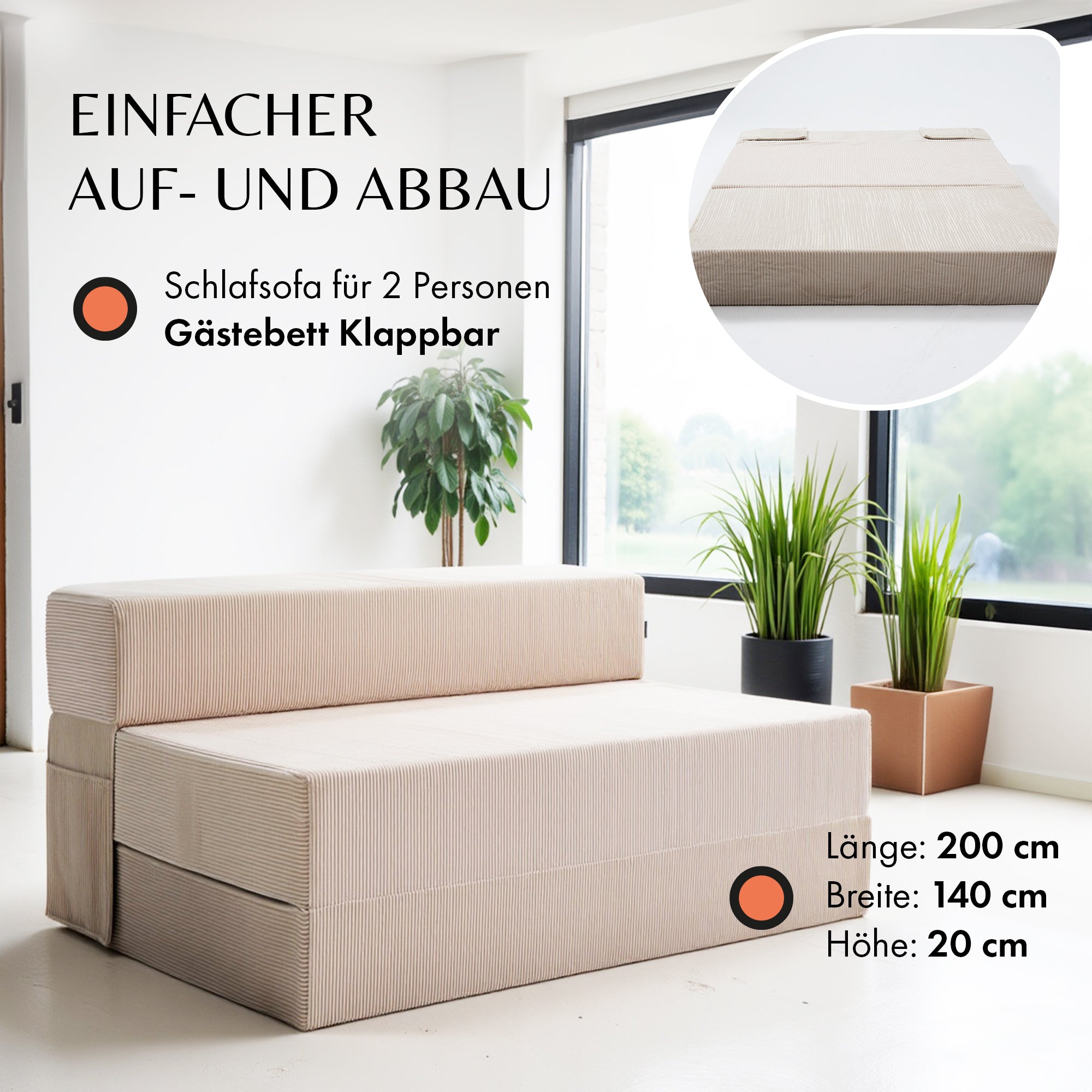 Klappmatratze Beige 140 x 200 cm mit Lehne / Schlafsofa