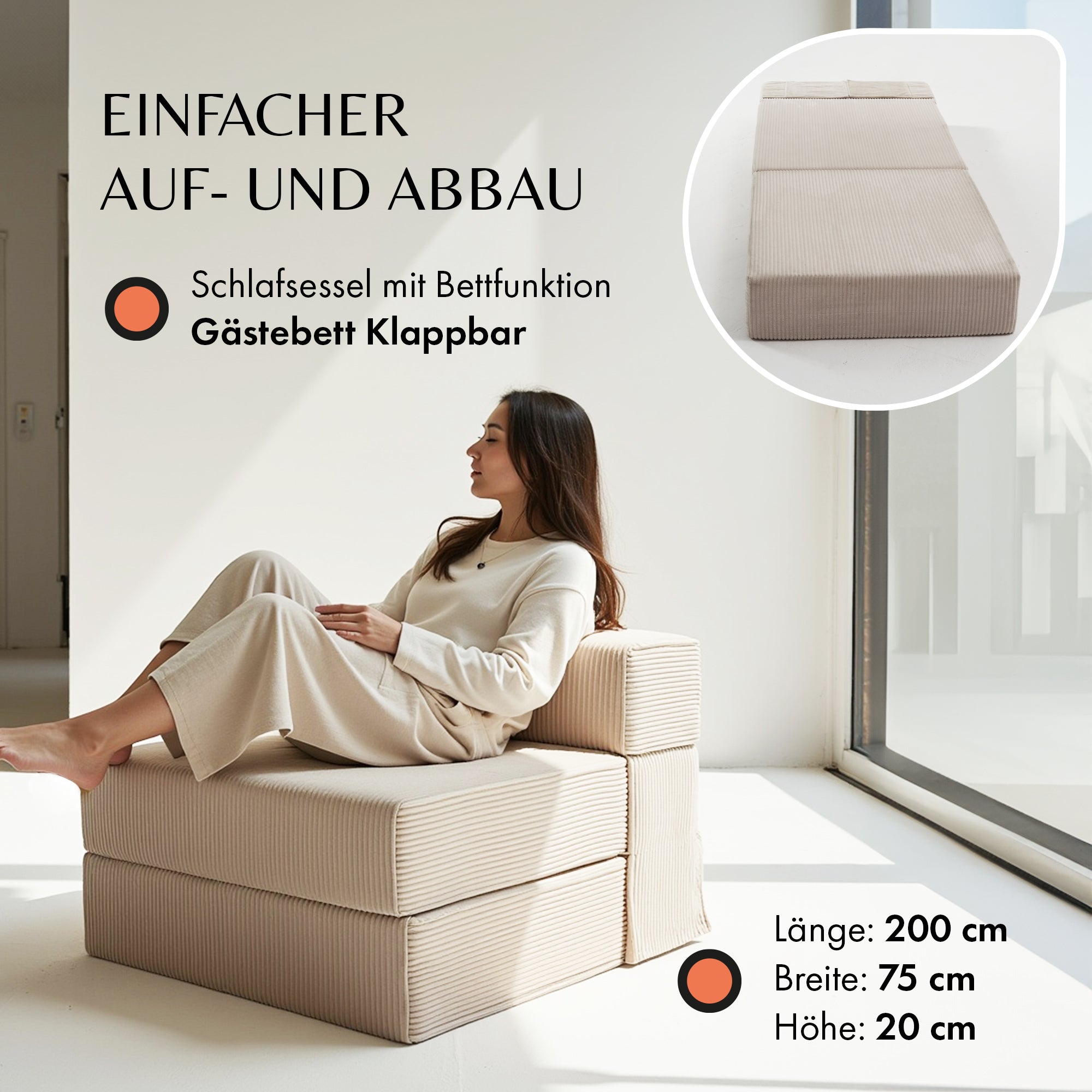 Klappmatratze Beige 75 x 200 cm mit Lehne / Schlafsessel
